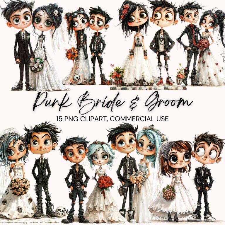 Quirky Punk Bride & Groom Clipart – Edgy Watercolor Wedding Couple for Cards & Paper Crafts (Digital Download)