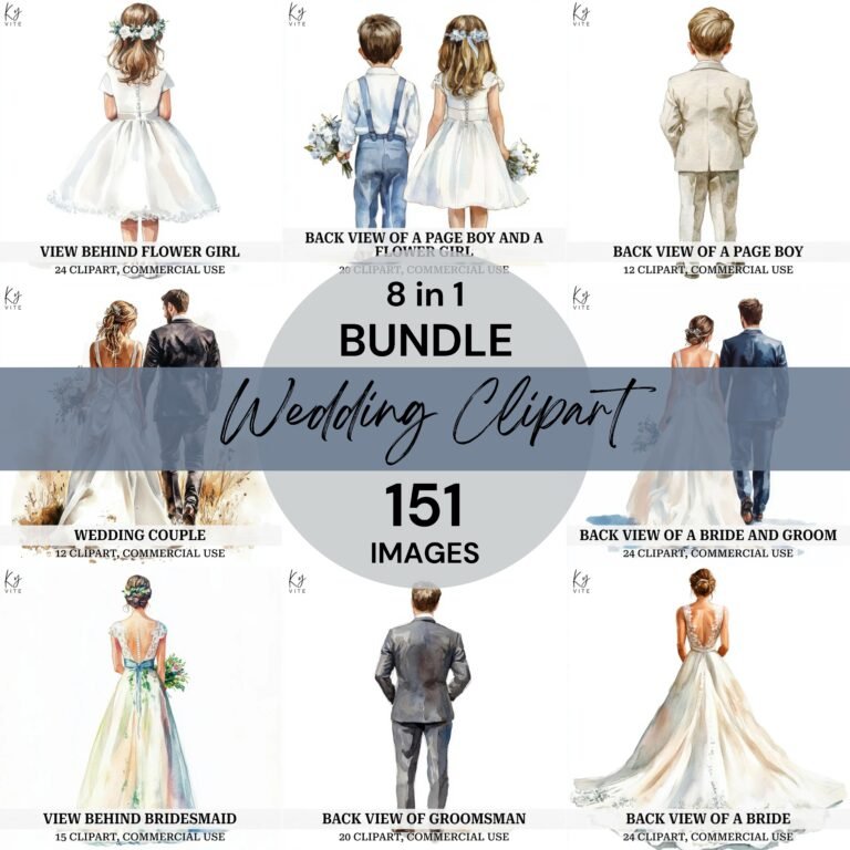 Wedding Watercolor Clipart Bundle – Back View Illustrations (Digital Download)