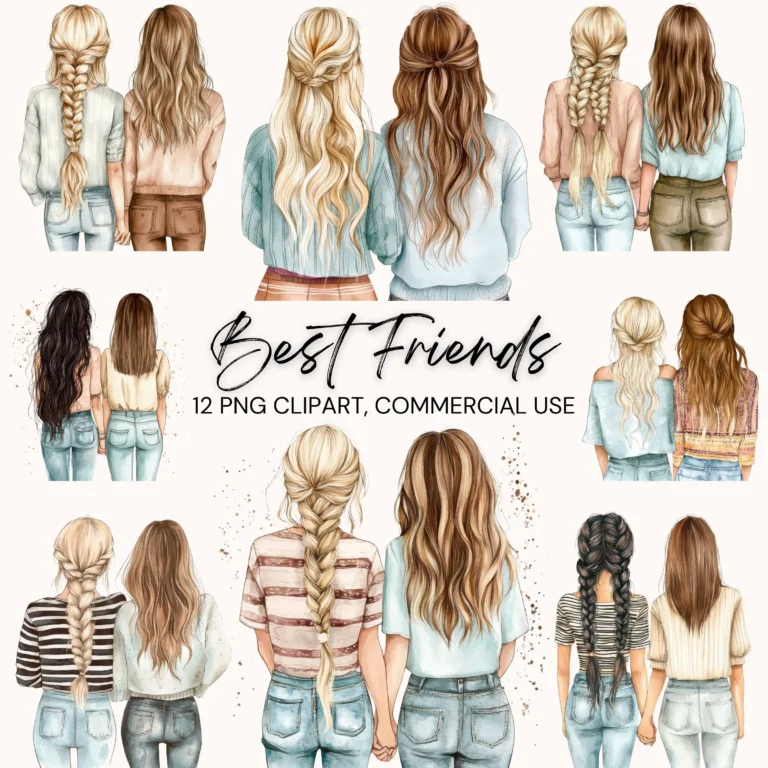 Two Best Friends Watercolor Clipart – Girls from Behind Transparent PNGs for Crafts, Cards & Journals (Digital Download)