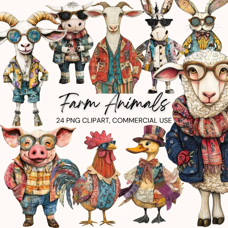 Vintage Farm Animal Clipart Bundle – Farmhouse Mixed-Media PNG Images for Crafts & Junk Journals (Digital Download)