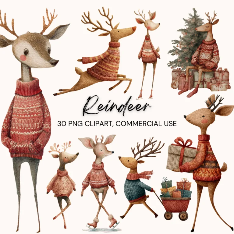 Whimsical Christmas Reindeer Clipart – Vintage Watercolor Fussy Cut Printables for Junk Journals & Holiday Crafts (Digital Download)