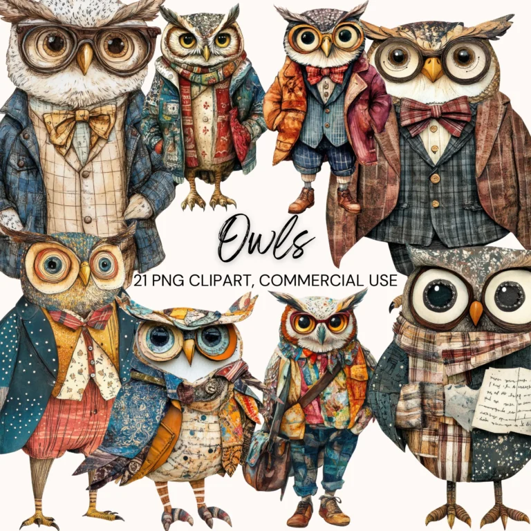 Quirky Owl Clipart Bundle – Wise Bird Mixed-Media Vintage PNG Images for Crafts & Junk Journals (Digital Download)