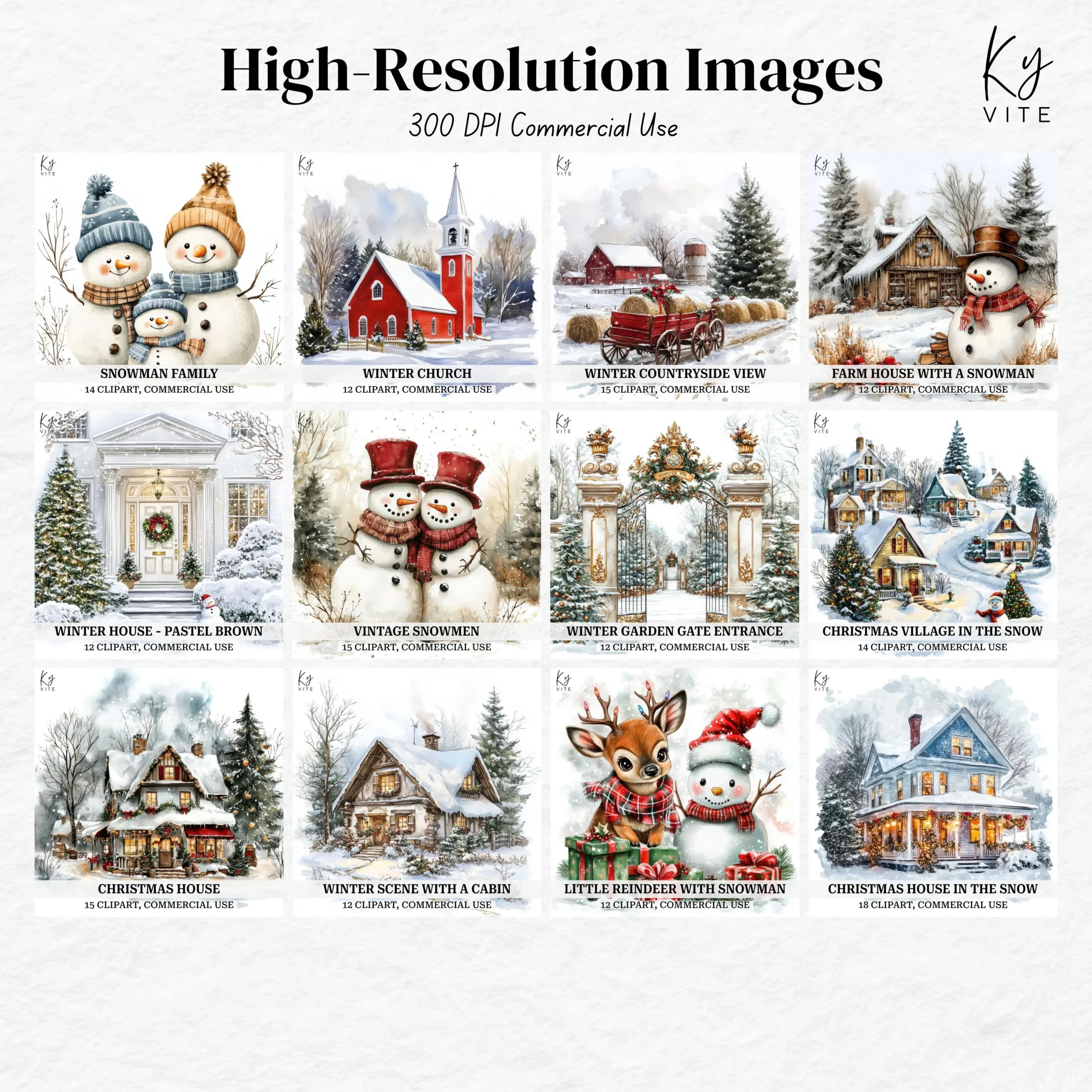 Vintage Winter & Christmas Clipart Bundle β Snowy Houses, Villages, Snowmen & Countryside Scenes (Digital Download) - Image 2