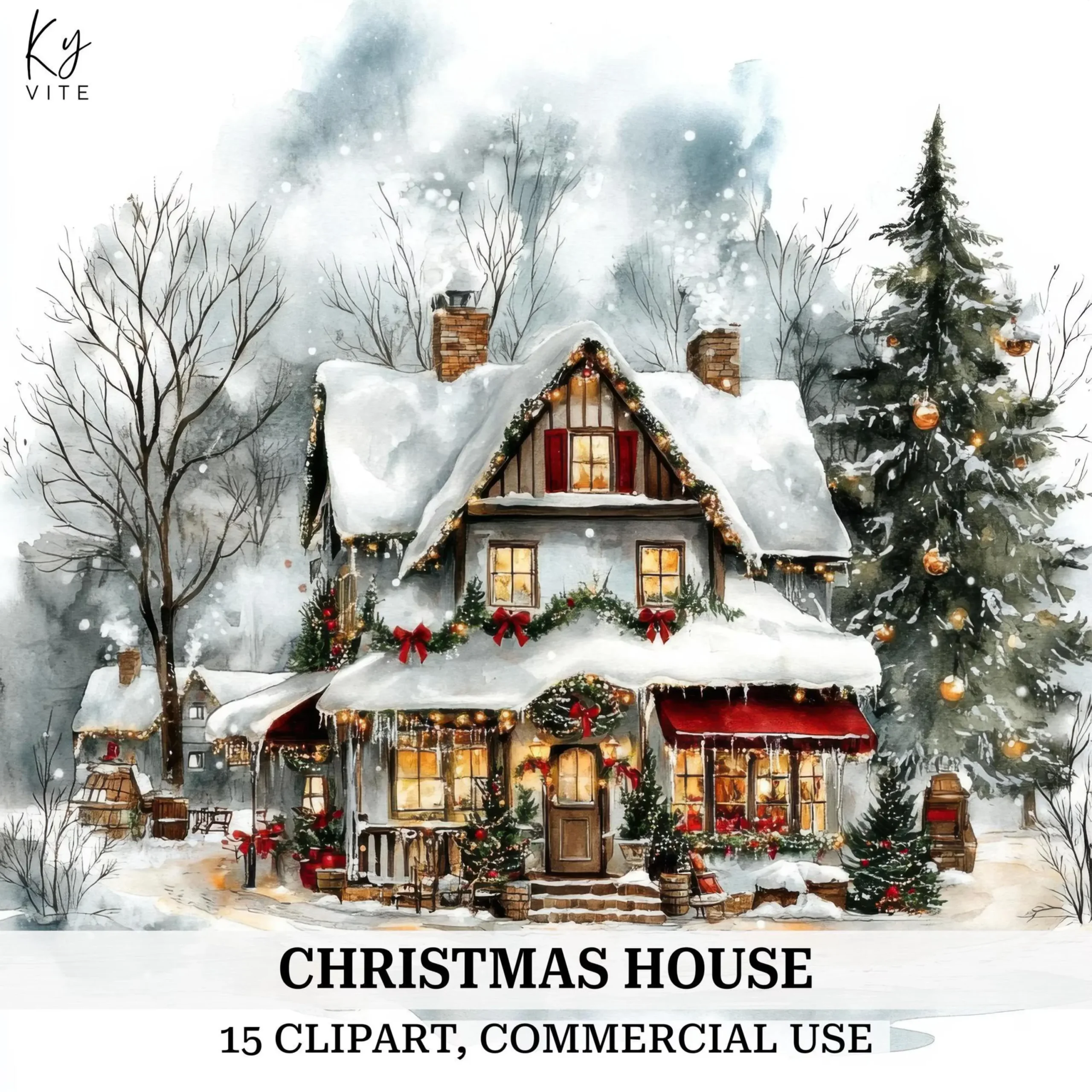 Vintage Winter & Christmas Clipart Bundle β Snowy Houses, Villages, Snowmen & Countryside Scenes (Digital Download) - Image 4