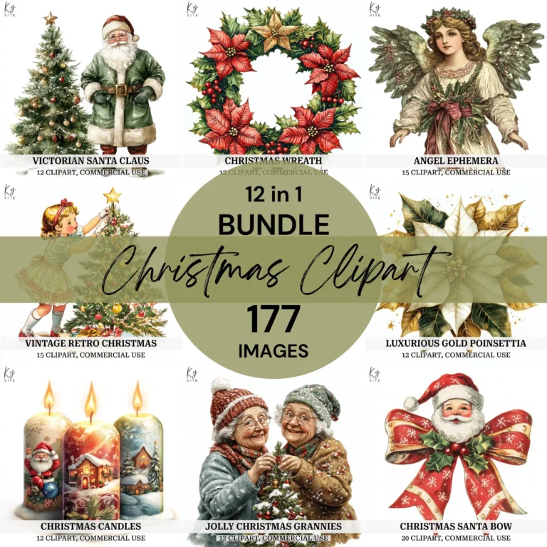 Vintage Christmas Clipart Bundle – Victorian Holiday Watercolor Images for Cards, Journals & Crafts (Digital Download)