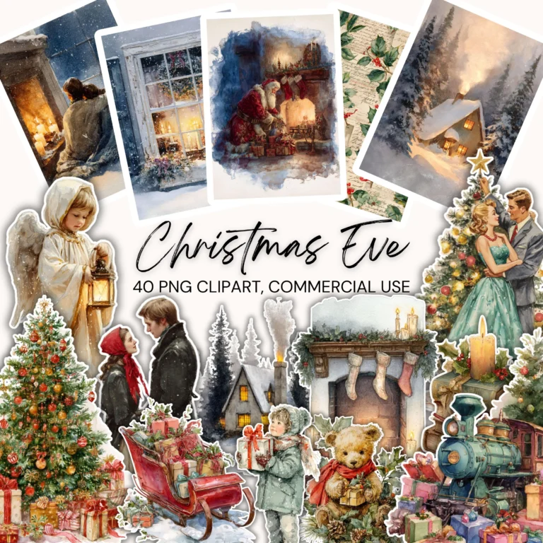 Vintage Christmas Eve Watercolor Clipart Images – Fussy Cut Ephemera for Holiday Crafts, Junk Journals & Scrapbooks (Digital Download)