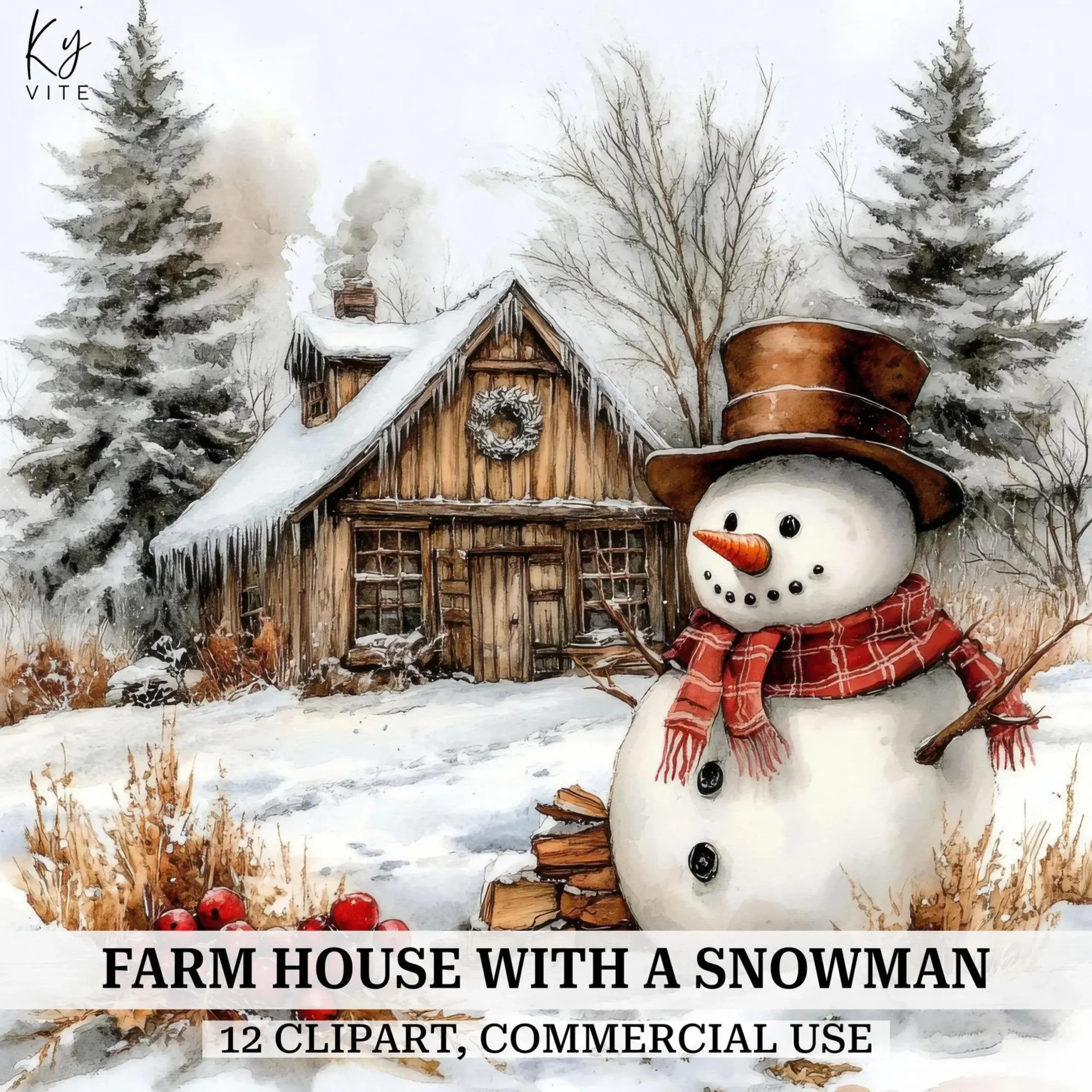 Vintage Winter & Christmas Clipart Bundle β Snowy Houses, Villages, Snowmen & Countryside Scenes (Digital Download) - Image 9