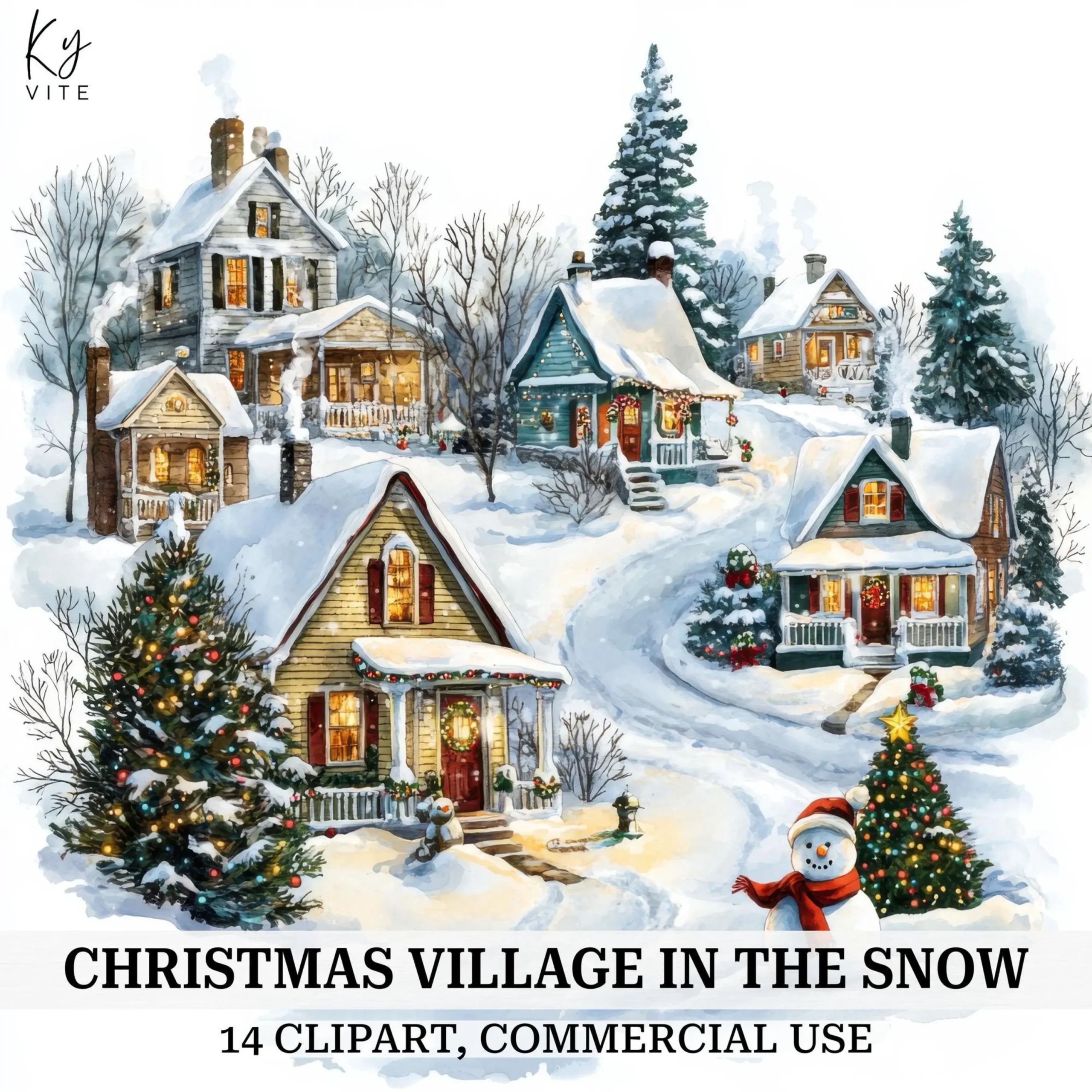 Vintage Winter & Christmas Clipart Bundle β Snowy Houses, Villages, Snowmen & Countryside Scenes (Digital Download) - Image 11