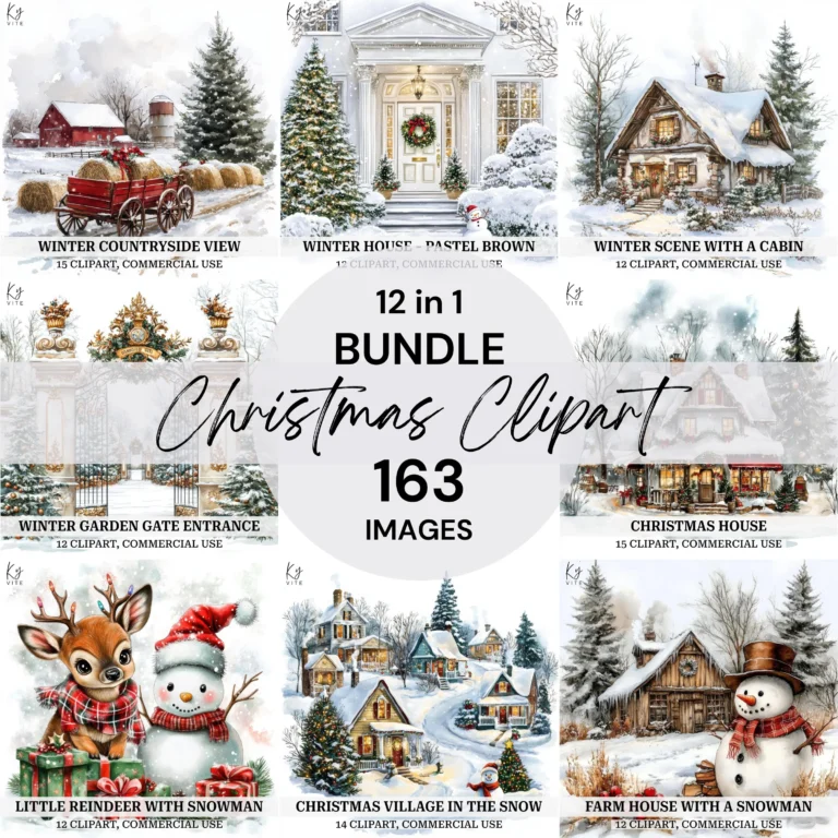 Vintage Winter & Christmas Clipart Bundle – Snowy Houses, Villages, Snowmen & Countryside Scenes (Digital Download)