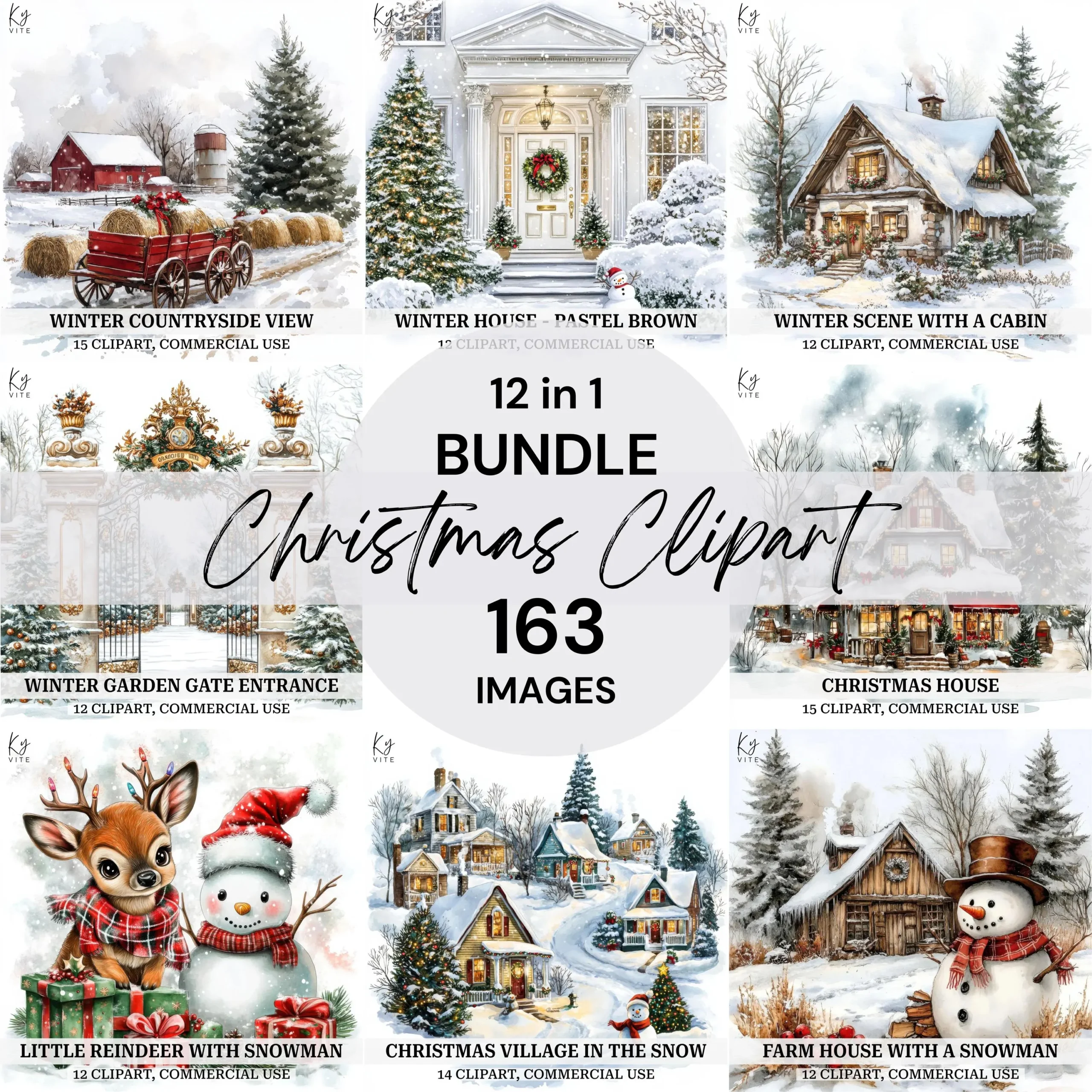 Vintage Winter & Christmas Clipart Bundle β Snowy Houses, Villages, Snowmen & Countryside Scenes (Digital Download)