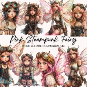 Pink Steampunk Fairy Clipart – Whimsical Watercolor Fantasy Illustrations (Digital Download)