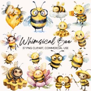 Watercolor Bee Clipart PNGs – Whimsical Bees, Honey & Floral Elements for Scrapbooking, Junk Journals & Crafts (Digital Download)