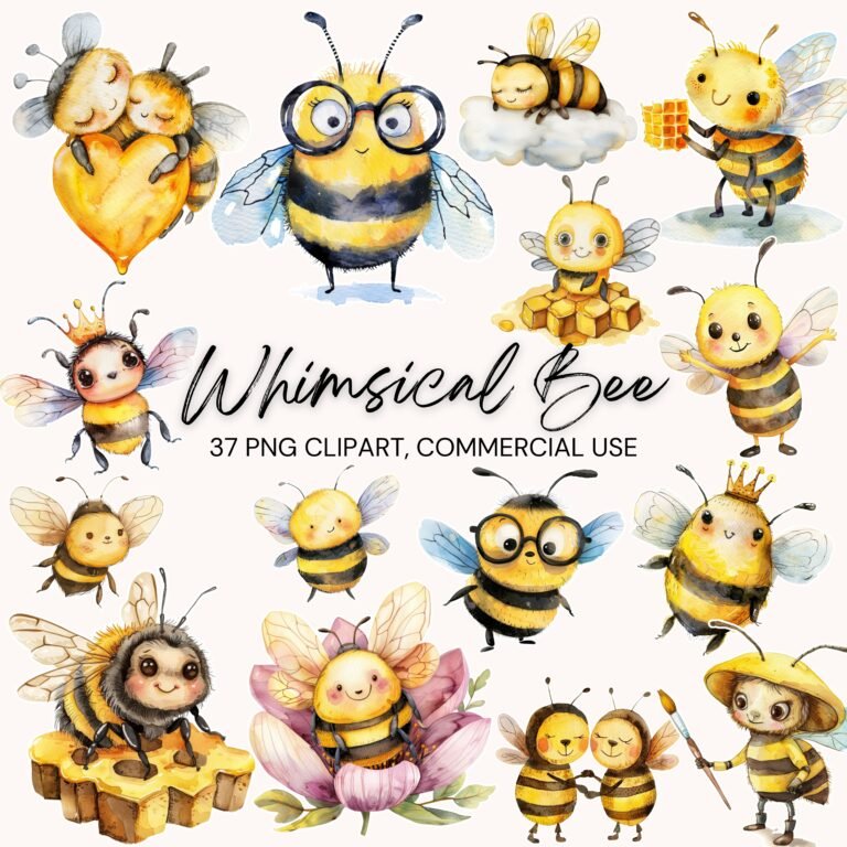 Watercolor Bee Clipart PNGs – Whimsical Bees, Honey & Floral Elements for Scrapbooking, Junk Journals & Crafts (Digital Download)