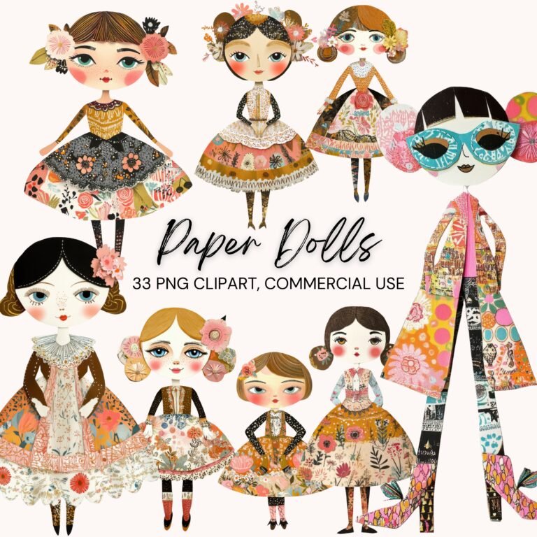 Vintage Paper Doll Clipart 33 PNG Fussy Cut Bundle Instant Digital Download Commercial Use 300 DPI Transparent Background Junk Journal Scrapbook Art